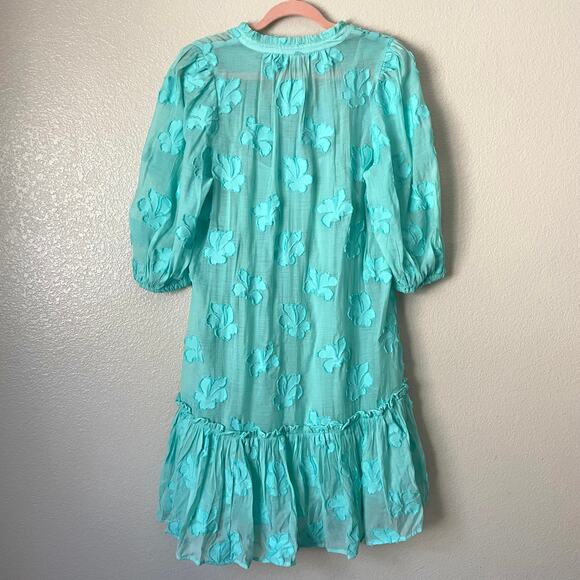 Sundance Dress Women Small Teal Fanciful Floral Mini Puff Sleeve Peplum Babydoll - Picture 6 of 11